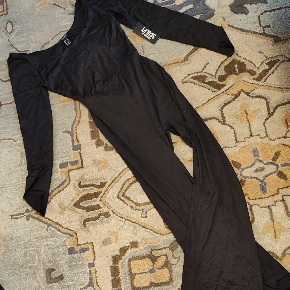 Black Long Sleeve Jersey wide Legged Catsuit Sculpt Fabric